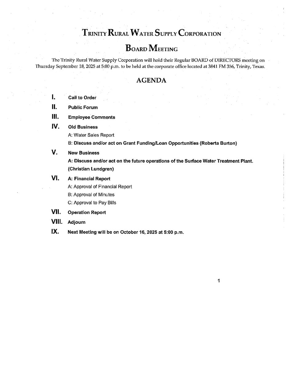 September Board Meeting Agenda